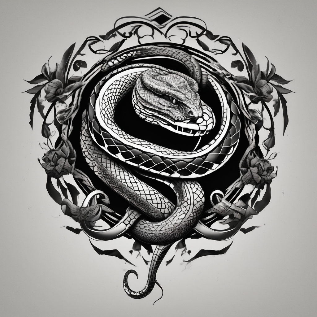 Dangerous Snake back Tattoo floral sleeve tattoo, diseño de tatuaje Blackwork generado con IA